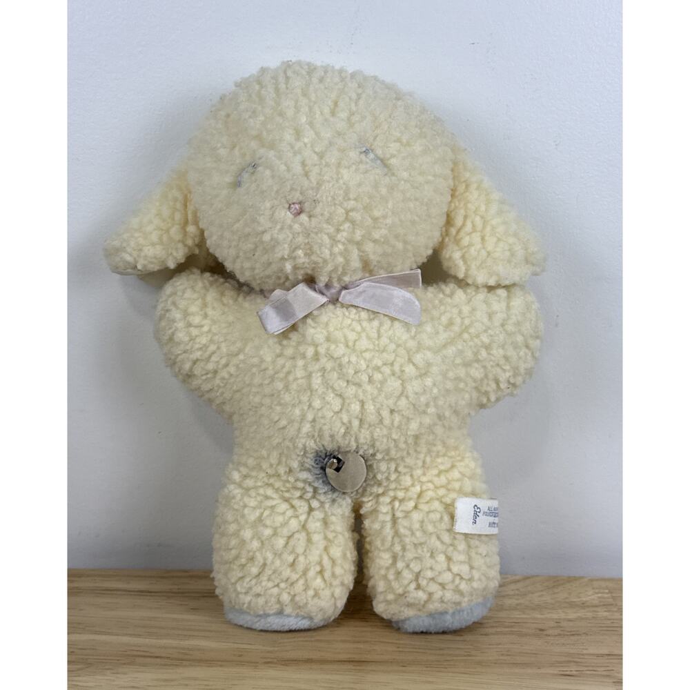 Vintage Eden Sheep Lamb Plush Musical Wind Up Mary Had a Little Lamb Blue Bow
